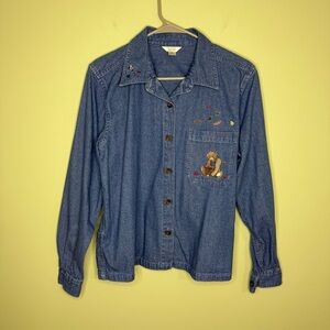 Vintage 2003 Christopher & Banks Jean denim shirt embroidery Bear fall woman M